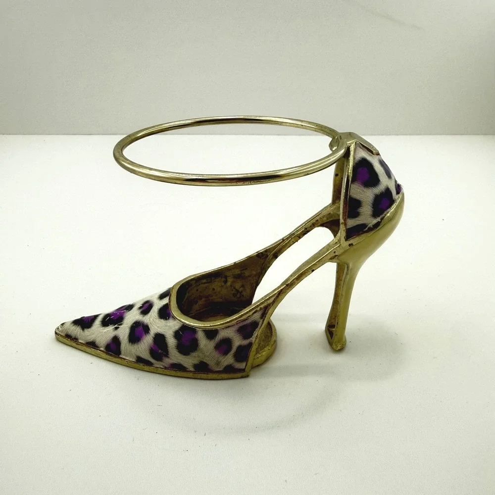 Y2K Gold Stiletto High Heel Candle Holder – Purple Leopard Print Glam Decor